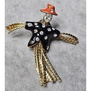 Pauline Rader Scarecrow Brooch enamel rhinestone Gold tone Black Pin Orange